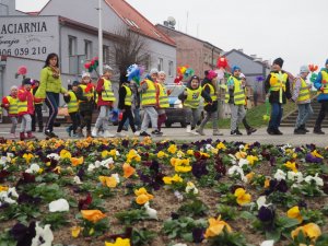 Na pierwszym planie widoczne są miejskie nasadzenia kwiatów. Na drugim planie policjant w kamizelce odblaskowej stoi tyłem do zdjęcia a przodem w kierunku przejścia dla pieszych, po którym poruszają się przedszkolaki również w odblaskowych kamizelkach.