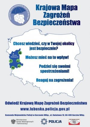 Ulotka zachęcająca do skorzystania z aplikacji Krajowa Mapa Zagrożeń Bezpieczeństwa. Na konturze mapy Polski zaniesione są informacje o aplikacji.